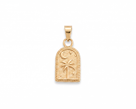 Gold arch jewellery charm with a Palm Tree, moon and stars scene, made form tarnish proof waterproof surgical steel, on a white background