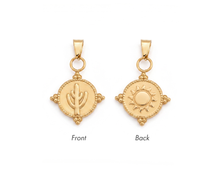 Gold reversible jewellery charm with a cactus on one side and a sun on the other, made from tarnish Proof waterproof surgical steel, on a white background