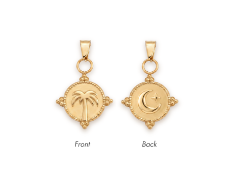 Gold reversible jewellery charm with a Palm Tree on one side and a Moon and Star on the other, made from tarnish Proof waterproof surgical steel, on a white background