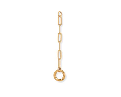 Gold paperclip charm necklace drop extender chain, made from tarnish proof waterproof surgical steel, on a white background