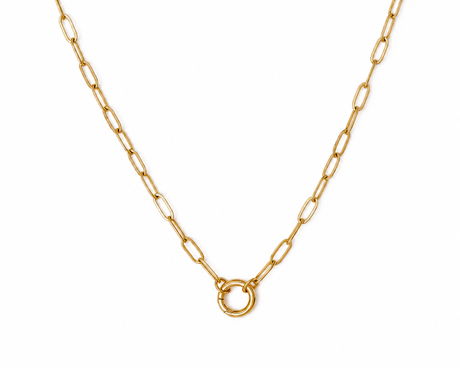 Gold Evelyn paperclip necklace on a white background, featuring a round spring loaded carabiner clasp for holding charms