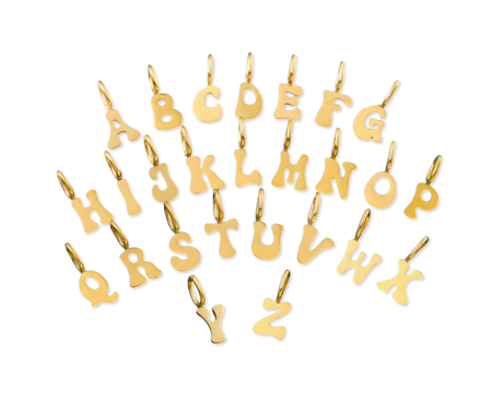 A full alphabet of Gold Initial letter jewellery charms, made from tarnish proof waterproof surgical stainless steel, on a white background.